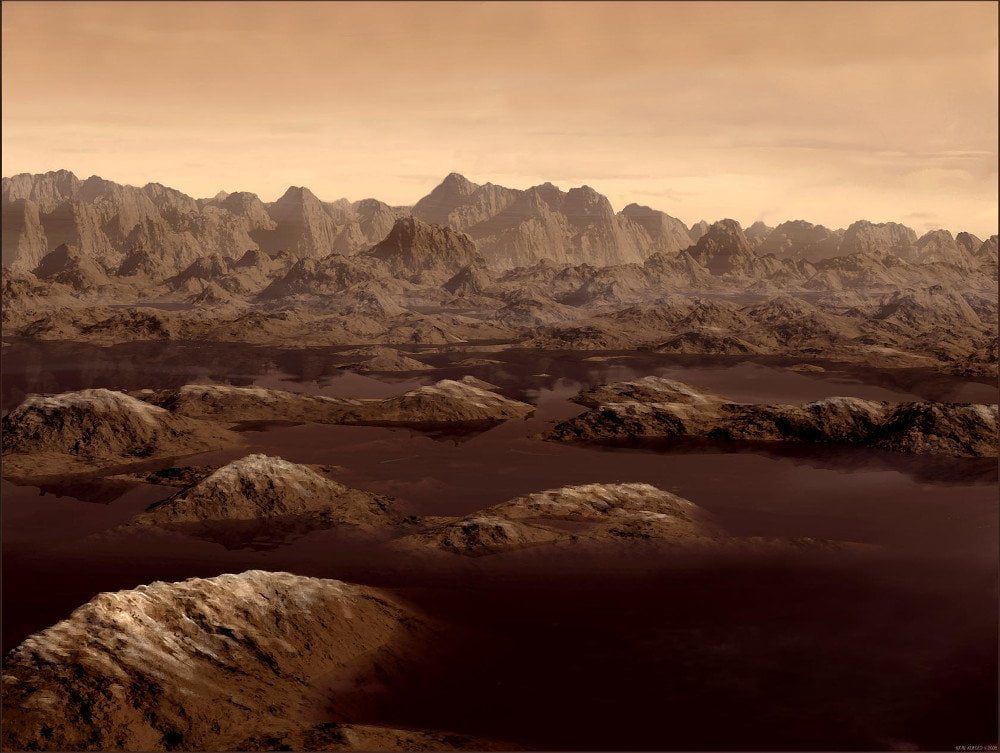 Visión artística de un lago de etano-metano en Titán 
