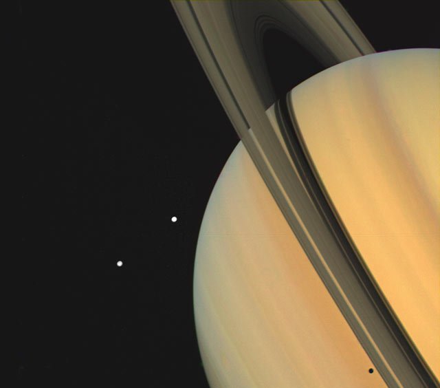 Tetis (arriba) y Dione (abajo) frente a Saturno